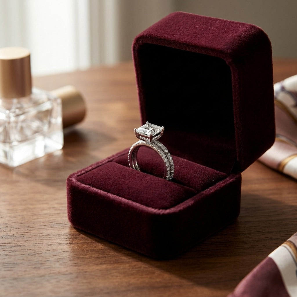 Diamond Wedding Set with 7mm Cz Center in 18k White Gold (1.00 Ct.tw.) — velvet box