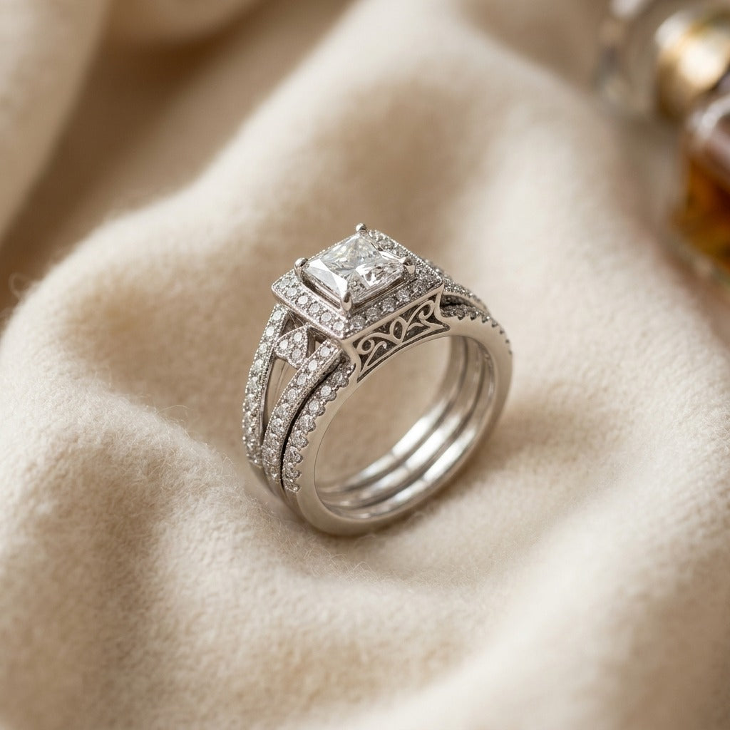 Diamond Square Halo Split Heart Shank Bridal Set in 18k White Gold — textile flat lay