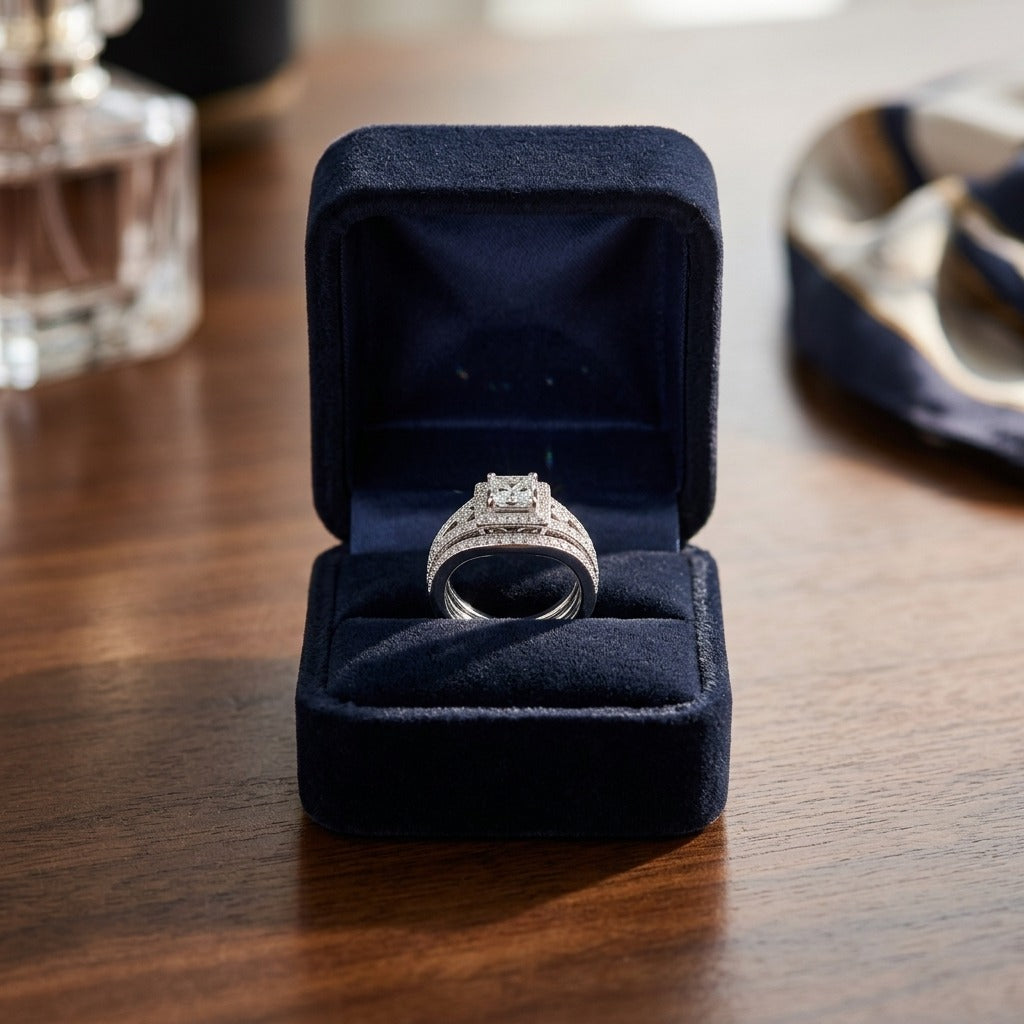 Diamond Square Halo Split Heart Shank Bridal Set in 18k White Gold — velvet box