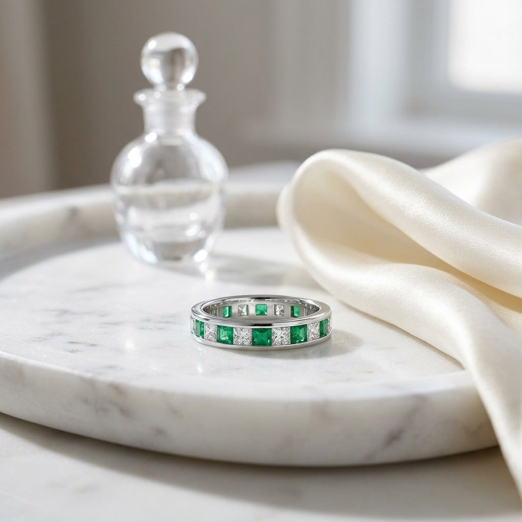 Emerald & Diamond Princess Cut Eternity Band in 18K White Gold - editorial hero