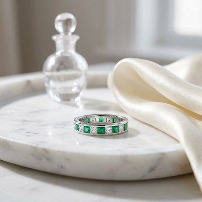 Emerald & Diamond Princess Cut Eternity Band in 18K White Gold - editorial hero