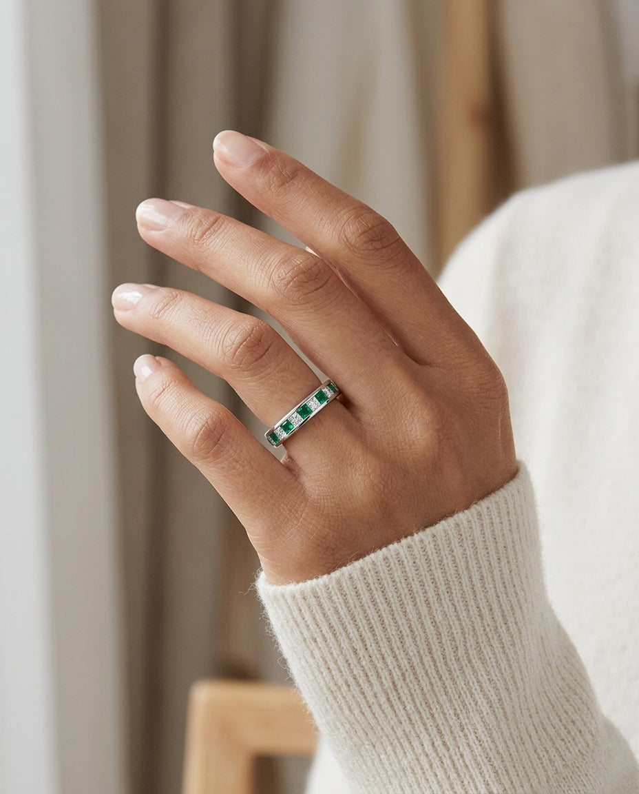 Emerald & Diamond Princess Cut Eternity Band in 18K White Gold - lifestyle