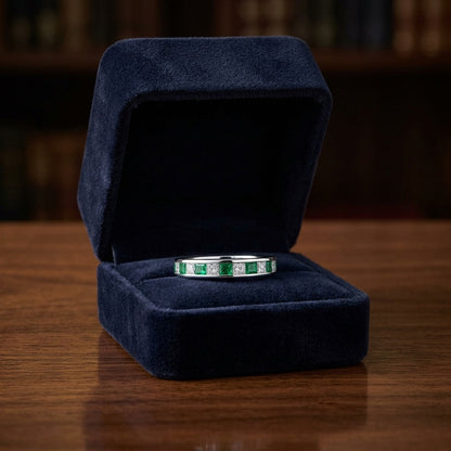 Emerald & Diamond Princess Cut Eternity Band in 18K White Gold - presentation