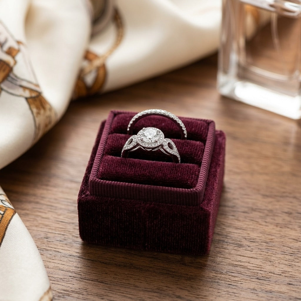Diamond Wedding Set In 18k White Gold 0.75Ct Round Center — velvet box