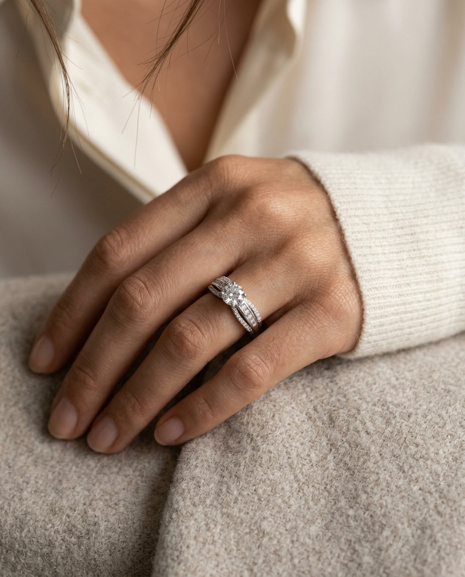Diamond Wedding Set With 1/2ct Princess Center In 18k White Gold — editorial close-up