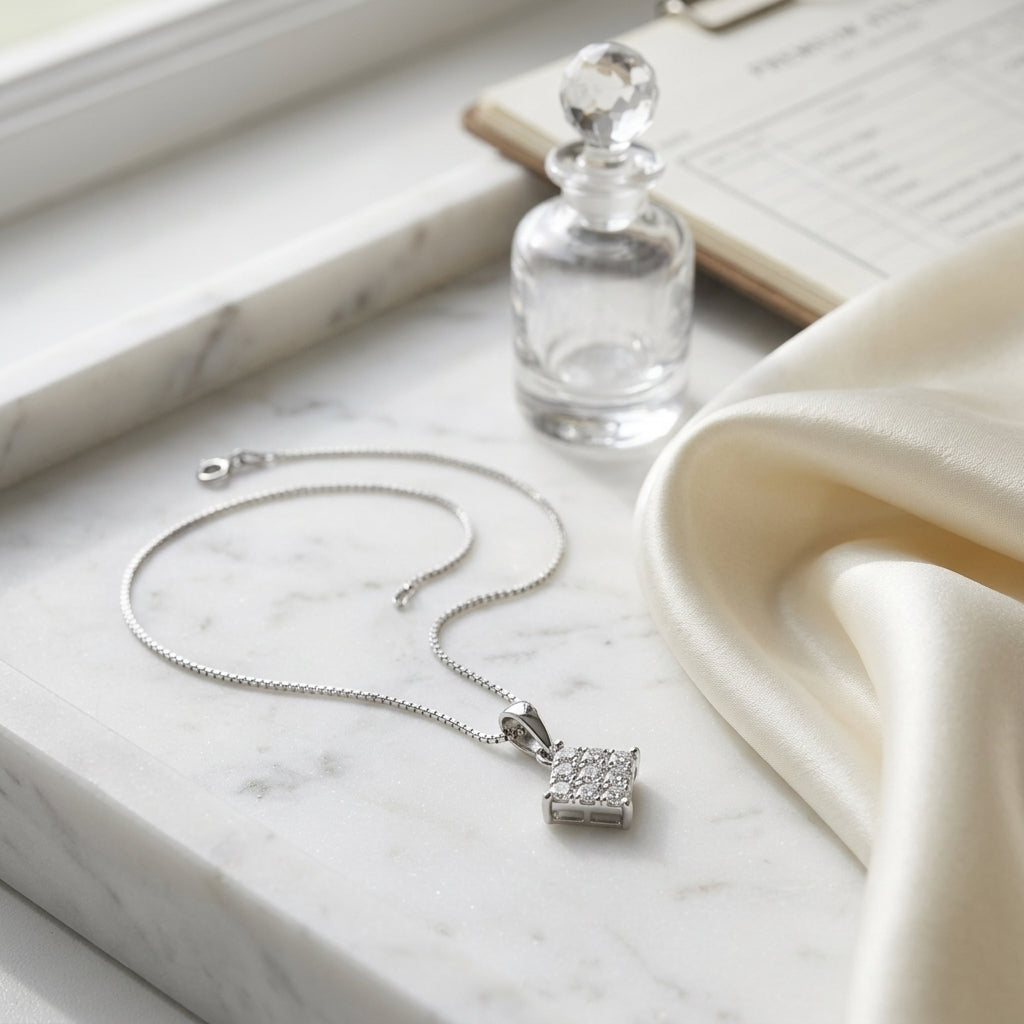 Diamond Invisible Set Princess Cut Dangle Pendant In 18k White Gold 1/4ctw (17-in Box Chain) — atelier still life