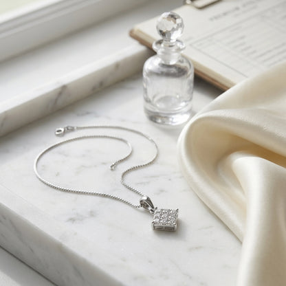 Diamond Invisible Set Princess Cut Dangle Pendant In 18k White Gold 1/4ctw (17-in Box Chain) — atelier still life