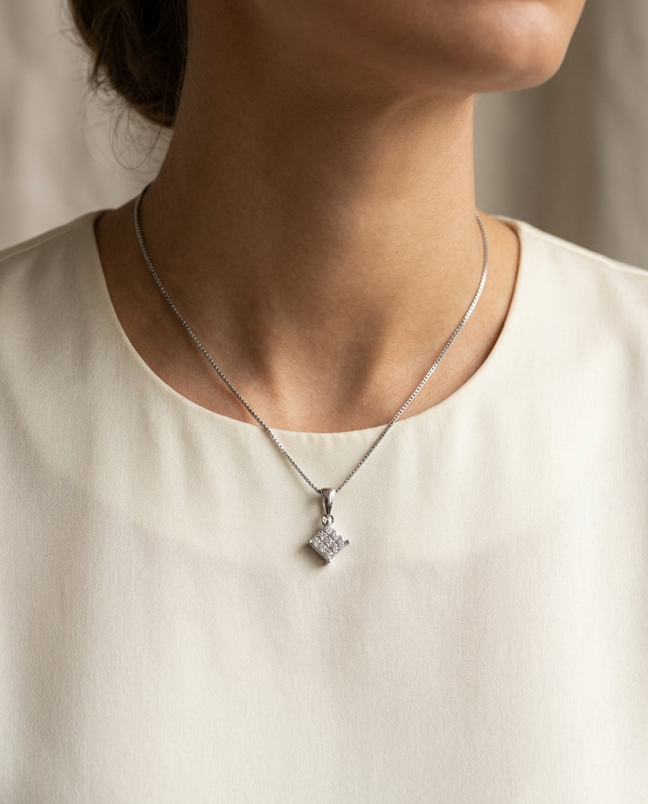 Diamond Invisible Set Princess Cut Dangle Pendant In 18k White Gold 1/4ctw (17-in Box Chain) — editorial close-up