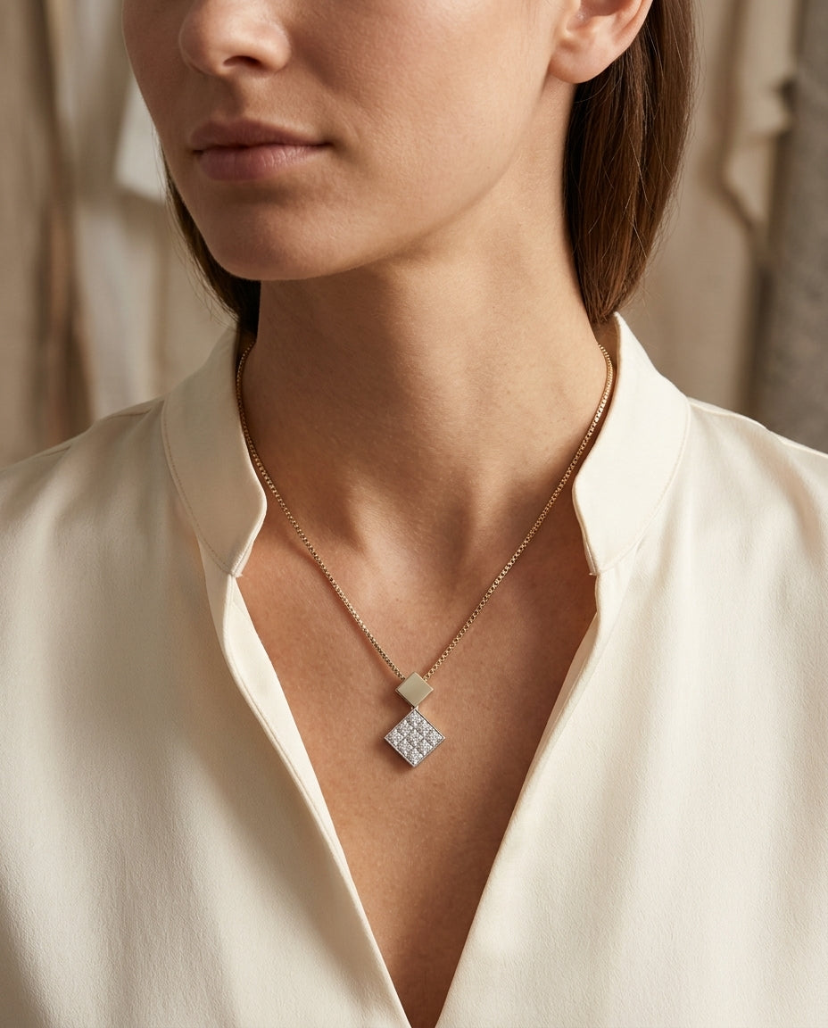 Diamond Invisible Set Princess Cut Pendant In 18k White Gold 1/5ctw (17-in Box Chain) — editorial close-up
