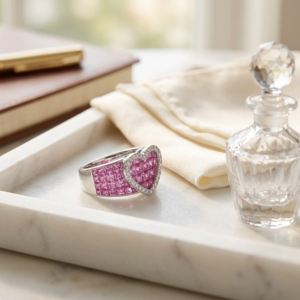 Pink Sapphire and Diamond Heart Band in 18k White Gold — marble silk