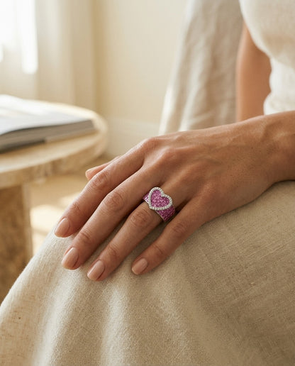 Pink Sapphire and Diamond Heart Band in 18k White Gold — portrait close