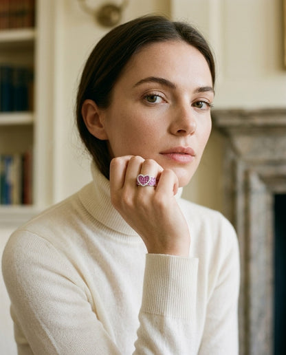 Pink Sapphire and Diamond Heart Band in 18k White Gold — portrait full