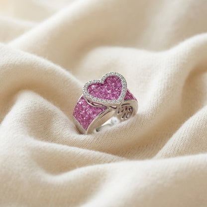 Pink Sapphire and Diamond Heart Band in 18k White Gold — textile flat lay