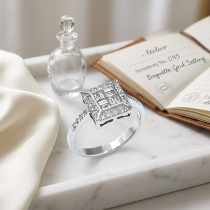 Diamond Baguette Mosaic Geometric Ring In 18k White Gold — atelier still life