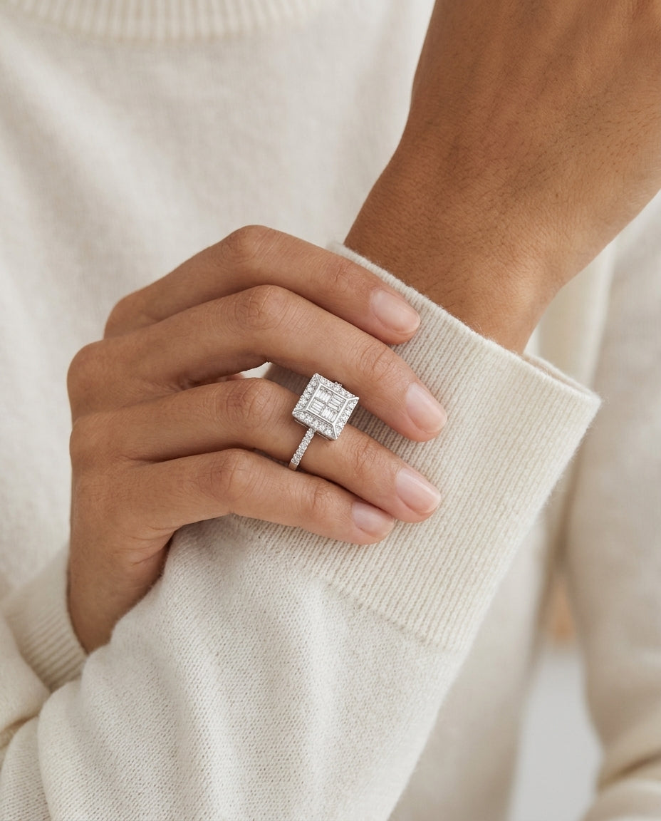 Diamond Baguette Mosaic Geometric Ring In 18k White Gold — editorial close-up