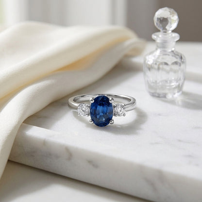 Sapphire Oval And Round Diamonds 3-stone Ring In 18k White Gold, Size 7 — atelier still life