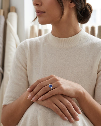 Sapphire Oval And Round Diamonds 3-stone Ring In 18k White Gold, Size 7 — editorial close-up