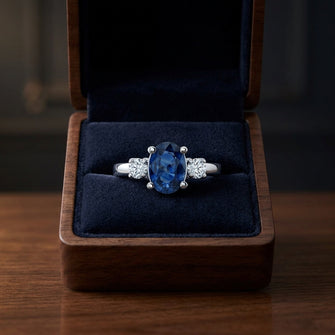 Sapphire Oval And Round Diamonds 3-stone Ring In 18k White Gold, Size 7 — gift presentation
