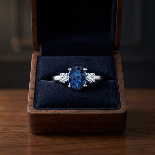 Sapphire Oval And Round Diamonds 3-stone Ring In 18k White Gold, Size 7 — gift presentation