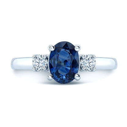 Sapphire Oval And Round Diamonds 3-stone Ring In 18k White Gold, Size 7