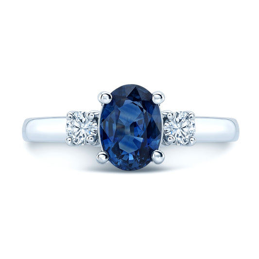 Sapphire Oval And Round Diamonds 3-stone Ring In 18k White Gold, Size 7