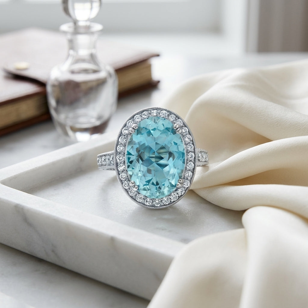 Aquamarine And Diamond Oval Halo Ring In 18k White Gold — atelier still life