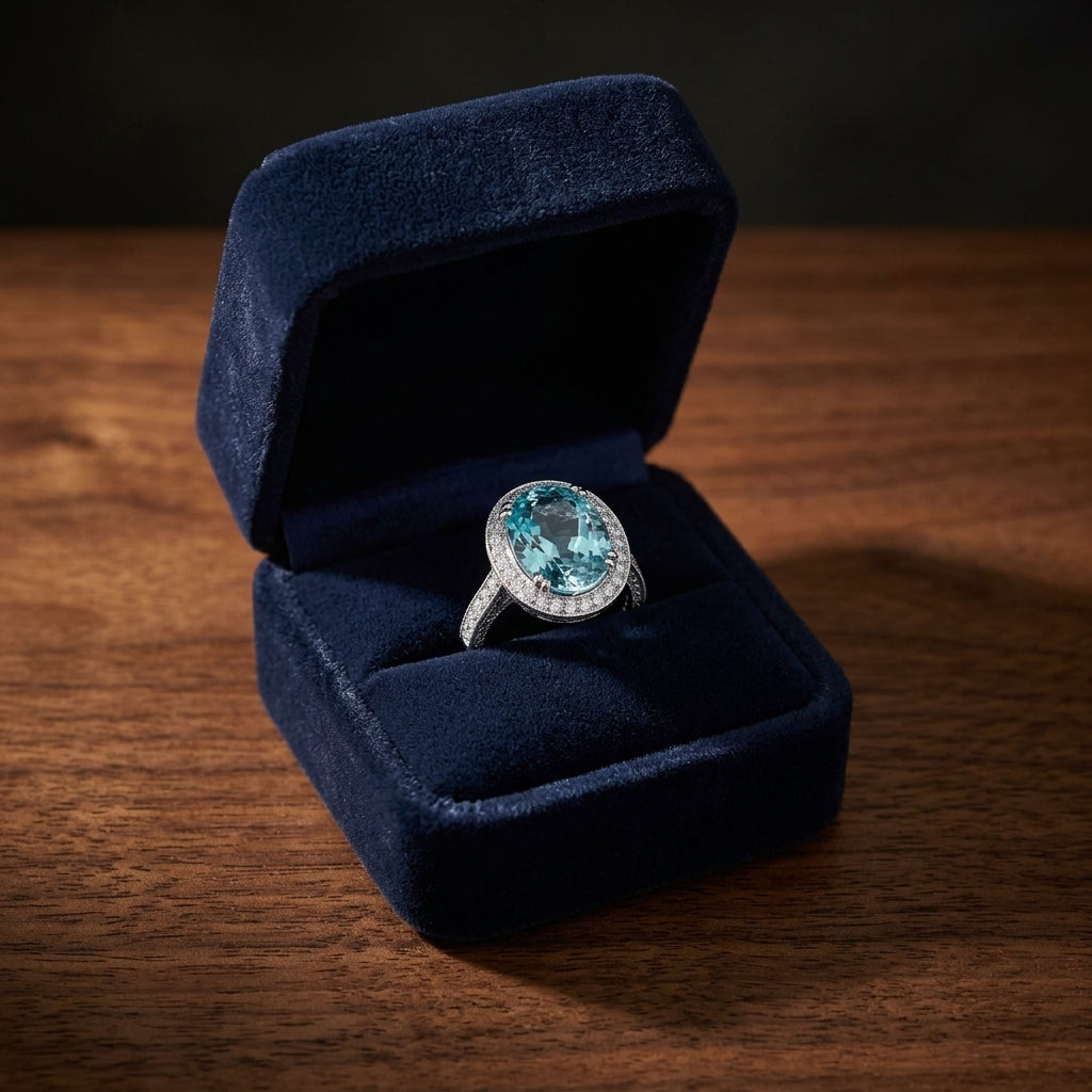 Aquamarine And Diamond Oval Halo Ring In 18k White Gold — gift presentation