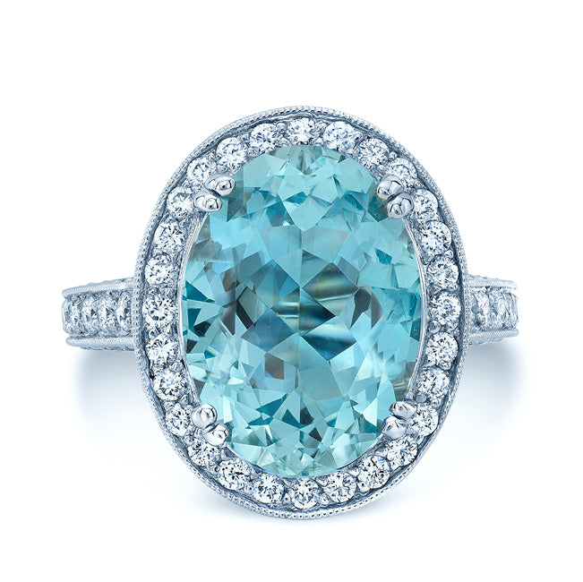 Aquamarine And Diamond Oval Halo Ring In 18k White Gold
