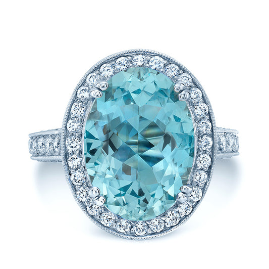Aquamarine And Diamond Oval Halo Ring In 18k White Gold