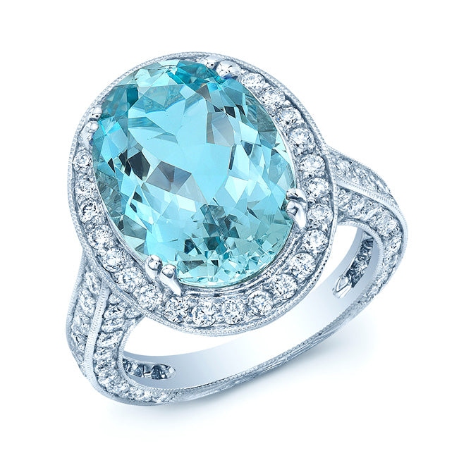 Aquamarine And Diamond Oval Halo Ring In 18k White Gold