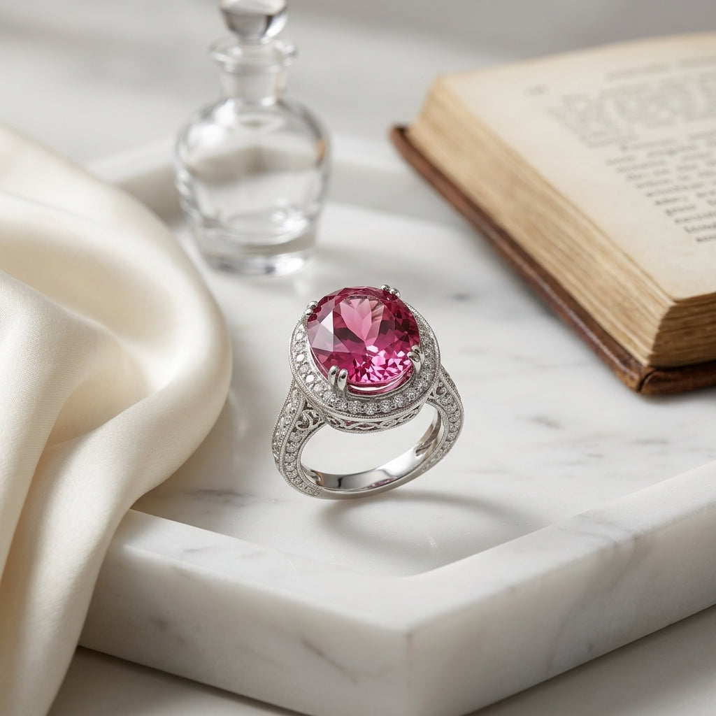 Pink Tourmaline Halo Ring With Diamonds In 18k White Gold — atelier still life