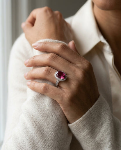 Pink Tourmaline Halo Ring With Diamonds In 18k White Gold — editorial close-up