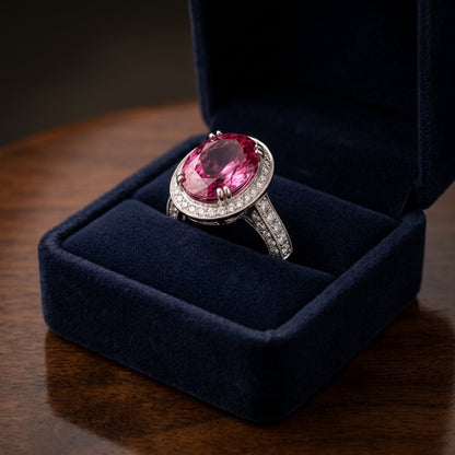 Pink Tourmaline Halo Ring With Diamonds In 18k White Gold — gift presentation