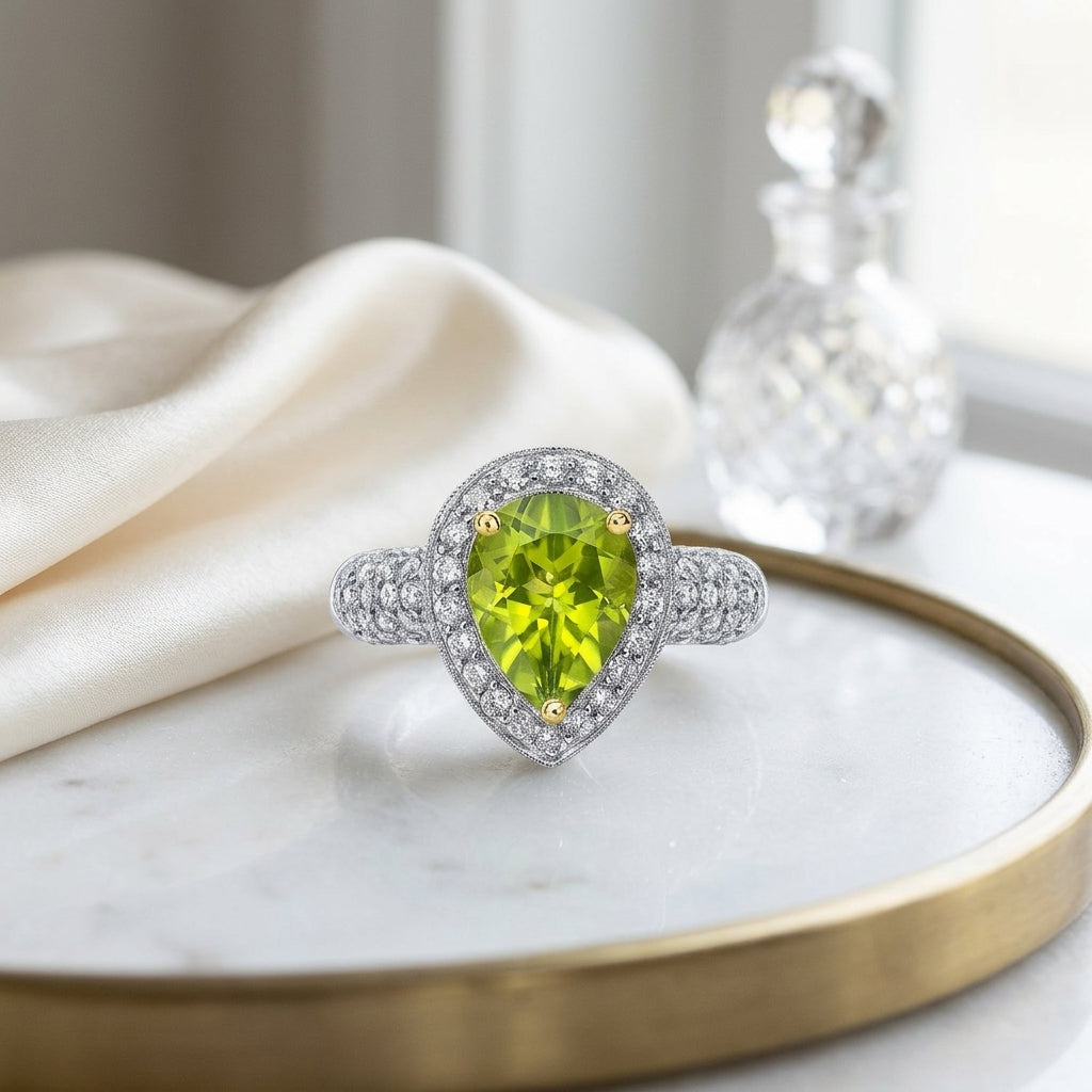 Peridot And Diamond Pear Shape Halo Ring In 18k White Gold 7/8ctw — atelier still life