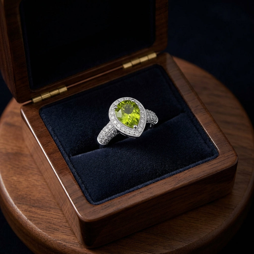 Peridot And Diamond Pear Shape Halo Ring In 18k White Gold 7/8ctw — gift presentation