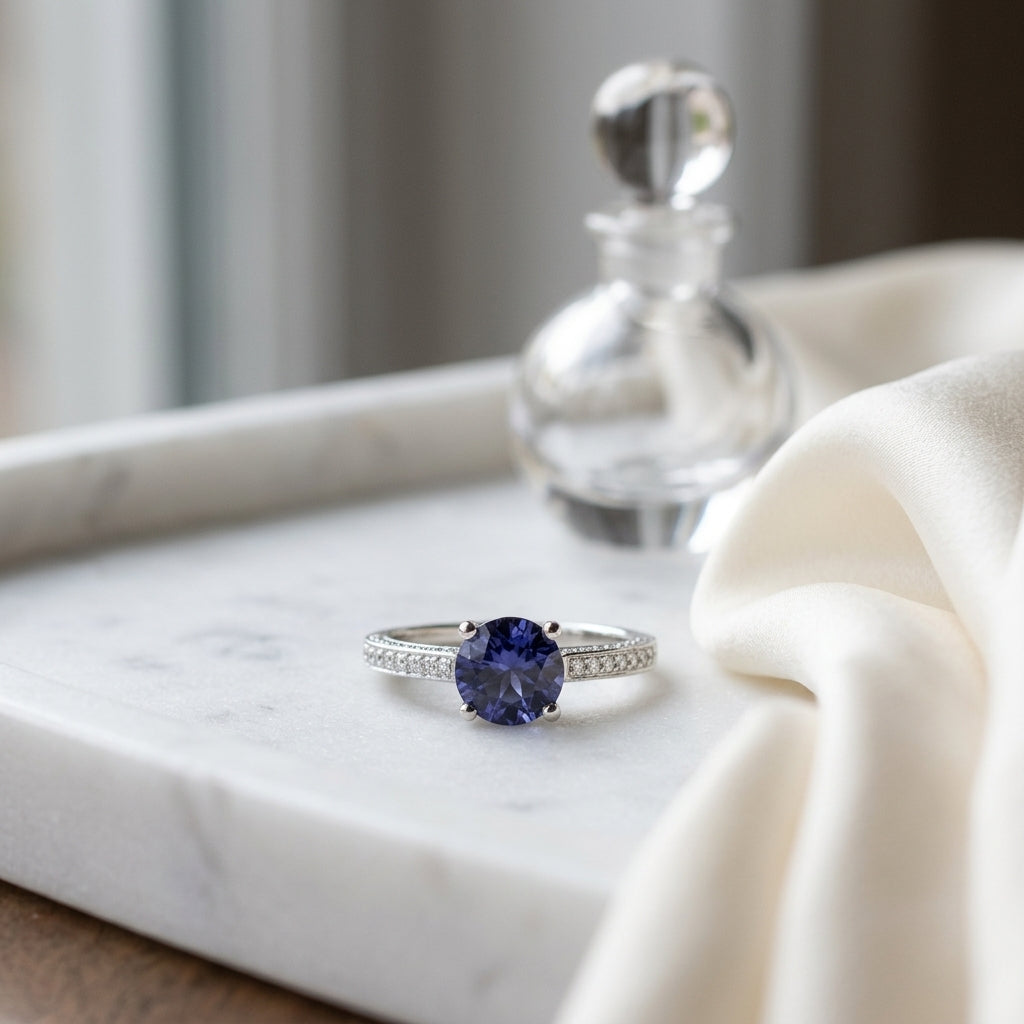 Sapphire & Micro Pave Diamond Ring in 18K White Gold - editorial hero