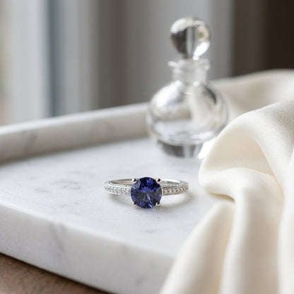 Sapphire & Micro Pave Diamond Ring in 18K White Gold - editorial hero