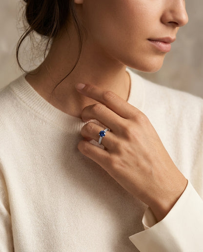 Sapphire & Micro Pave Diamond Ring in 18K White Gold - lifestyle