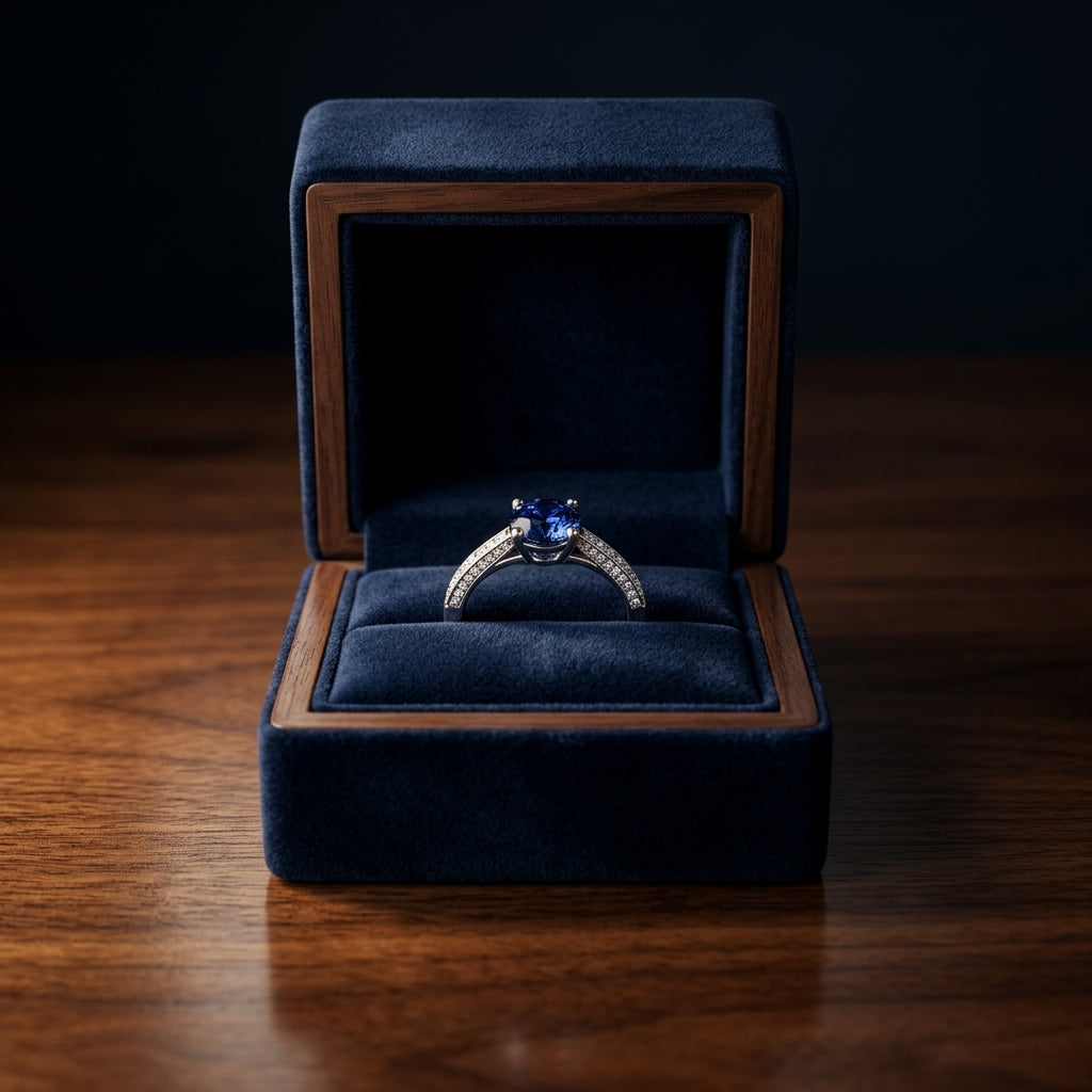 Sapphire & Micro Pave Diamond Ring in 18K White Gold - presentation
