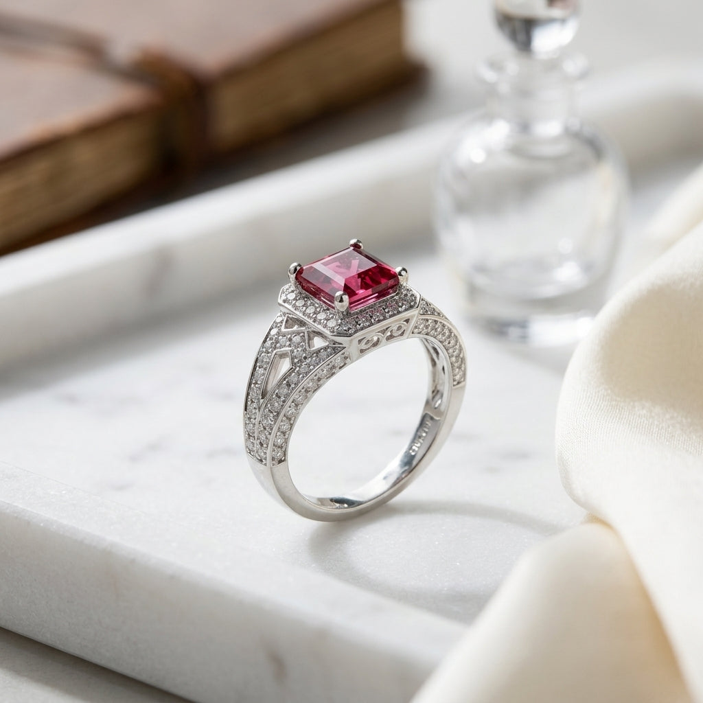 Pink Tourmaline & Diamond Pave Halo Ring In 18k White Gold — atelier still life
