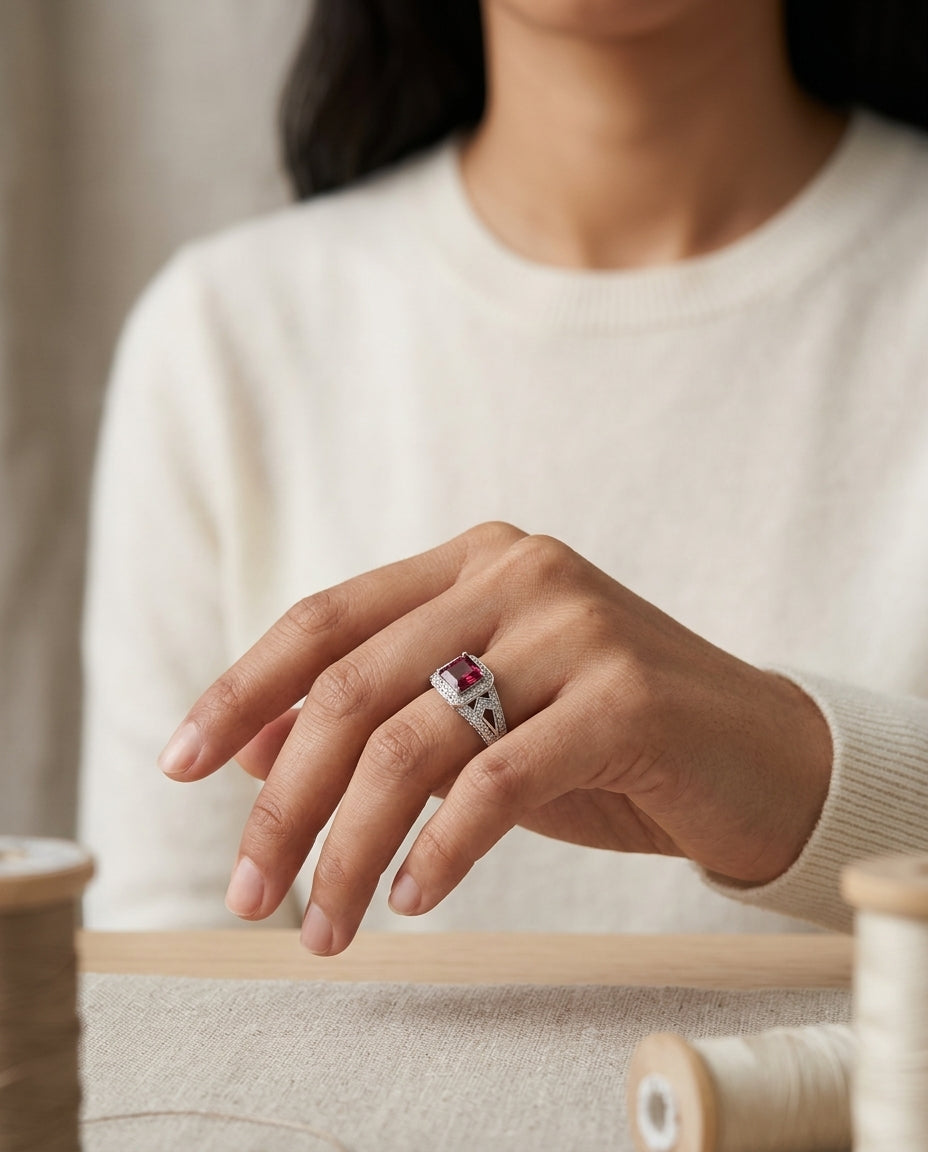 Pink Tourmaline & Diamond Pave Halo Ring In 18k White Gold — editorial close-up