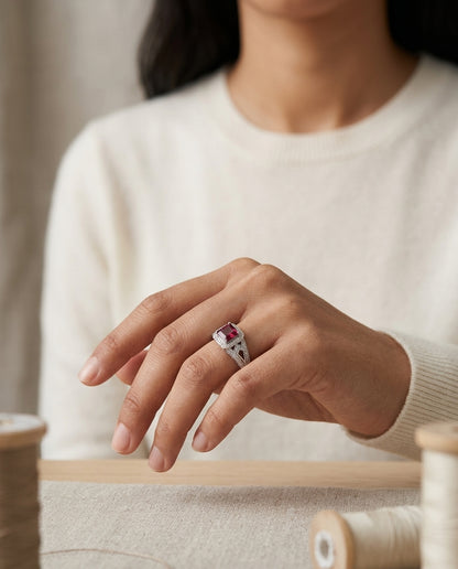 Pink Tourmaline & Diamond Pave Halo Ring In 18k White Gold — editorial close-up