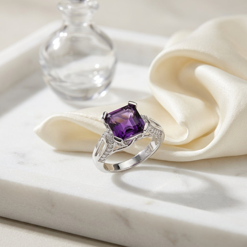Asscher Cut Amethyst & Diamond Ring In 18k White Gold — atelier still life