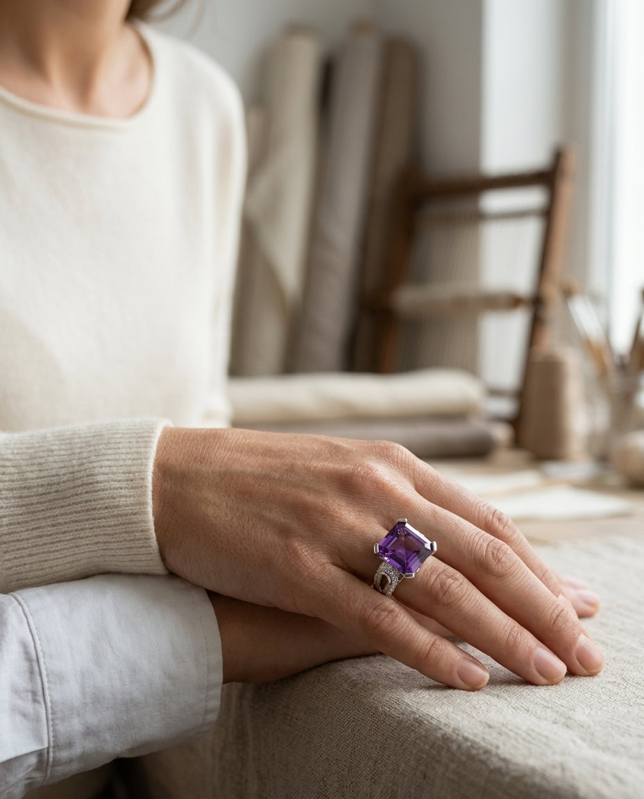 Asscher Cut Amethyst & Diamond Ring In 18k White Gold — editorial close-up