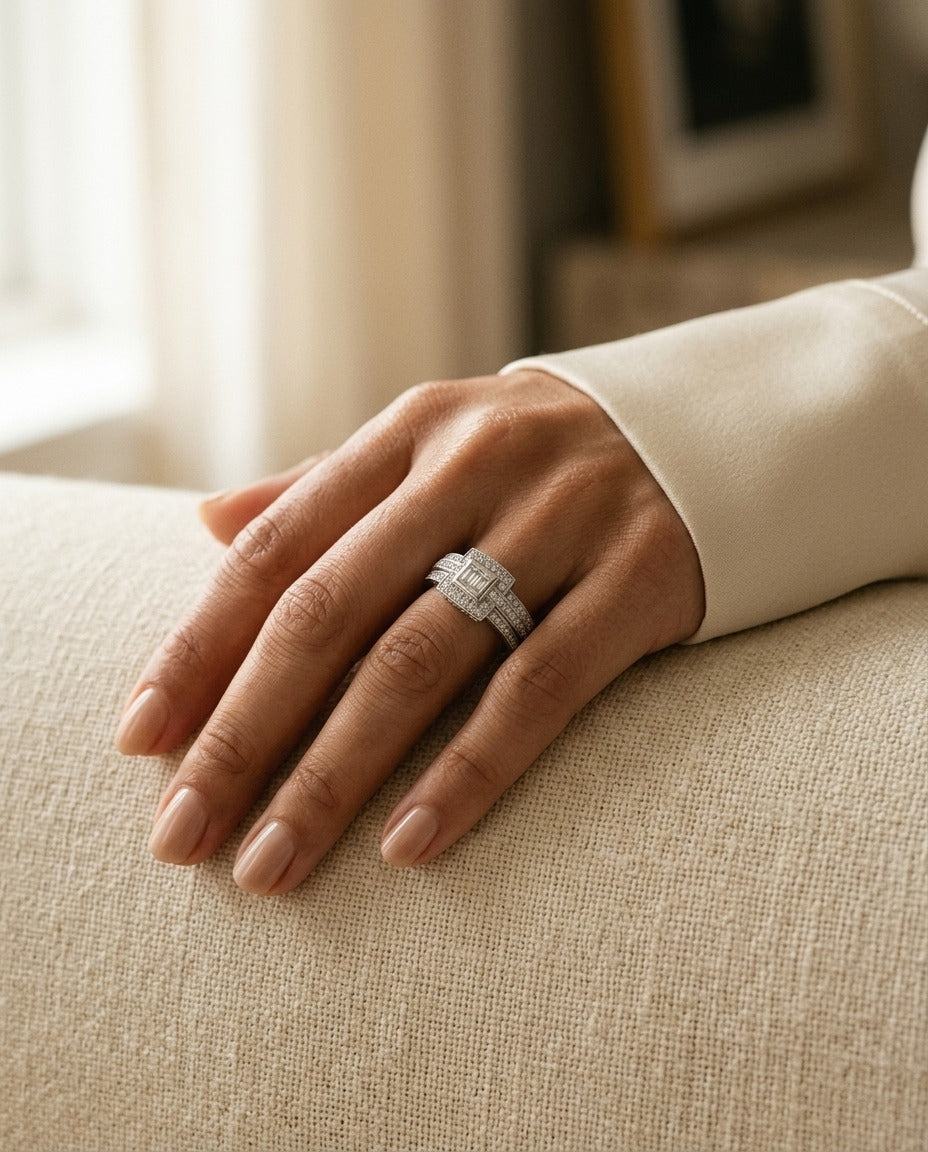 Diamond Illusion Princess Center Ring with Millgrained Triple Row Shank in 18k White Gold (5/8 Ct.tw.) — portrait close