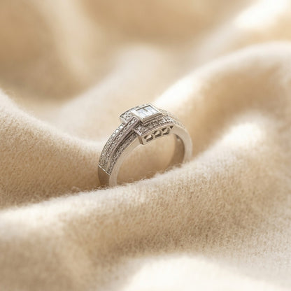 Diamond Illusion Princess Center Ring with Millgrained Triple Row Shank in 18k White Gold (5/8 Ct.tw.) — textile flat lay