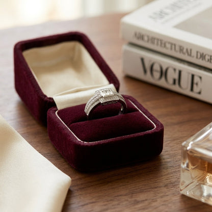 Diamond Illusion Princess Center Ring with Millgrained Triple Row Shank in 18k White Gold (5/8 Ct.tw.) — velvet box