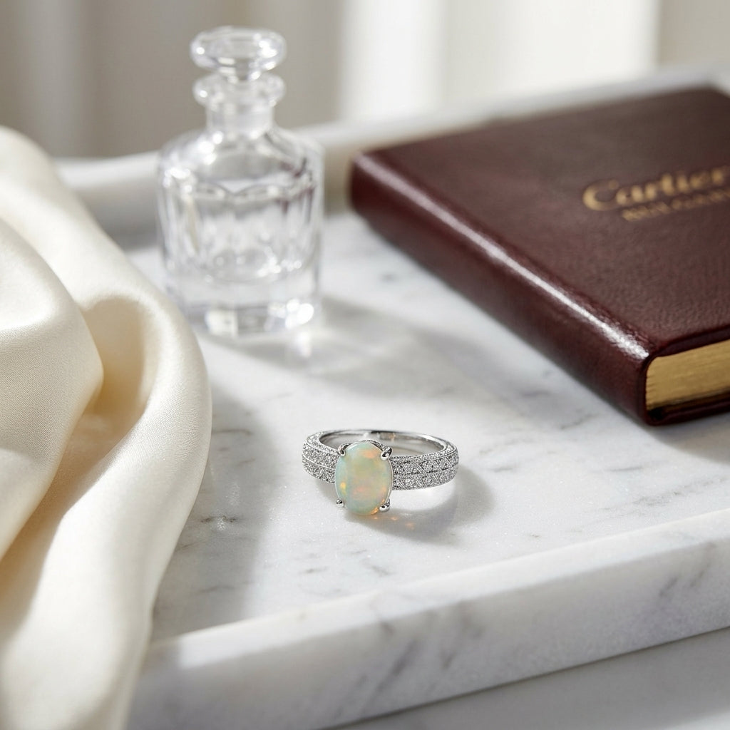 Opal And Diamond Oval Ring In 18k White Gold (3/8ctw) — atelier still life