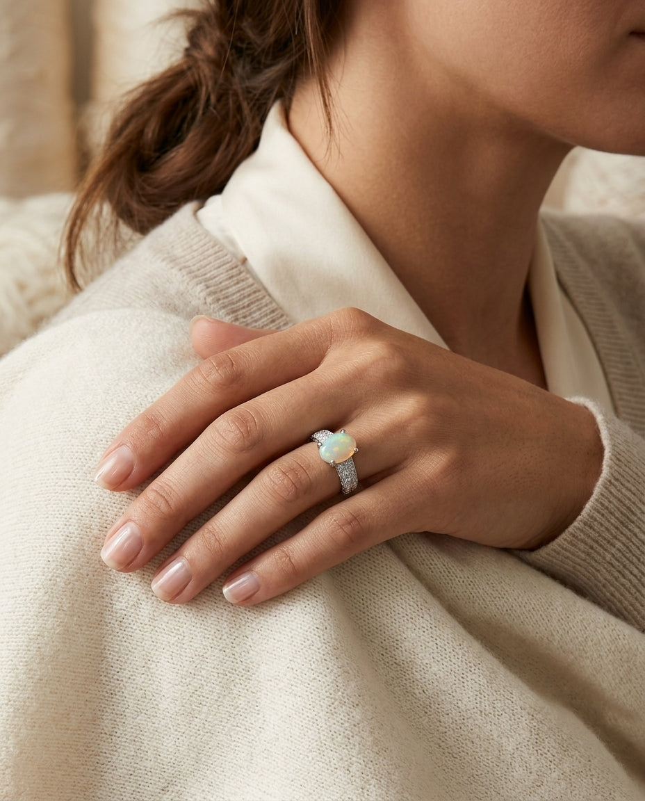 Opal And Diamond Oval Ring In 18k White Gold (3/8ctw) — editorial close-up