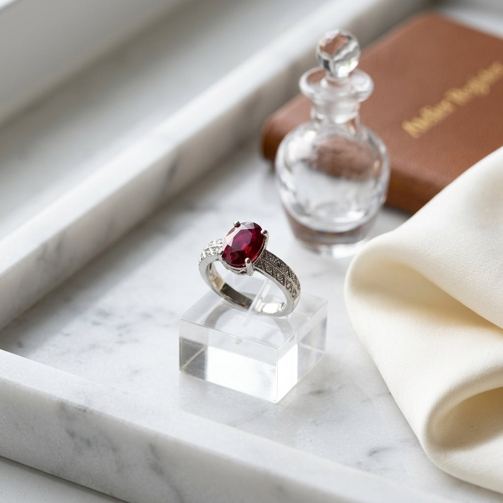 Ruby Oval And Diamond Ring 18k White Gold — atelier still life